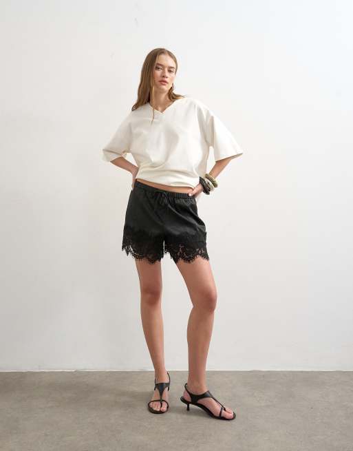 Topshop satin lace insert shorts in black, 4 of 5