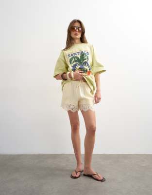 Topshop satin lace insert shorts in ecru