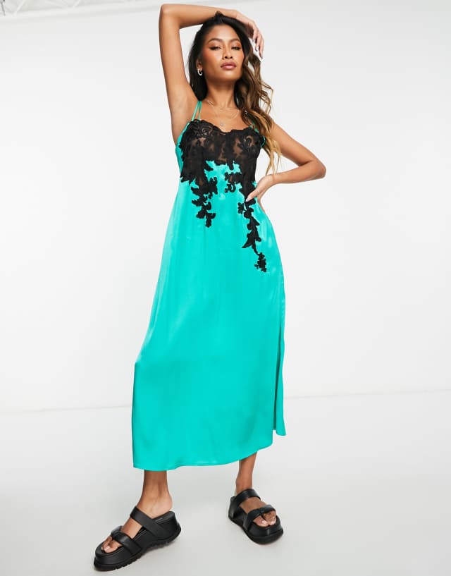 Topshop satin lace insert slip dress in green