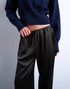 Model wearing Satin lace insert trouser in brown