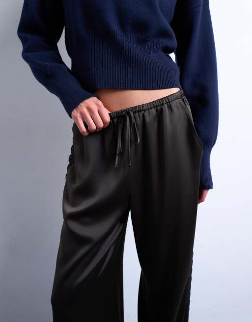 Topshop satin lace insert trouser in brown, 4 of 5