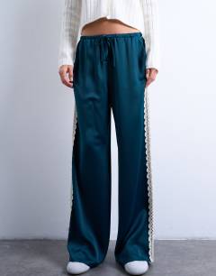 Model wearing Satin lace insert trouser in mid blue