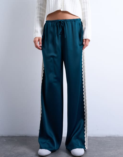 Topshop satin lace insert trouser in mid blue, 4 of 5