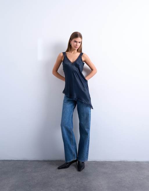 Topshop satin lace insert tunic top in navy, 2 of 4