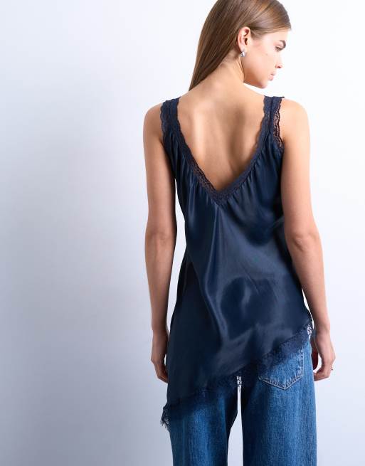 Topshop satin lace insert tunic top in navy, 3 of 4