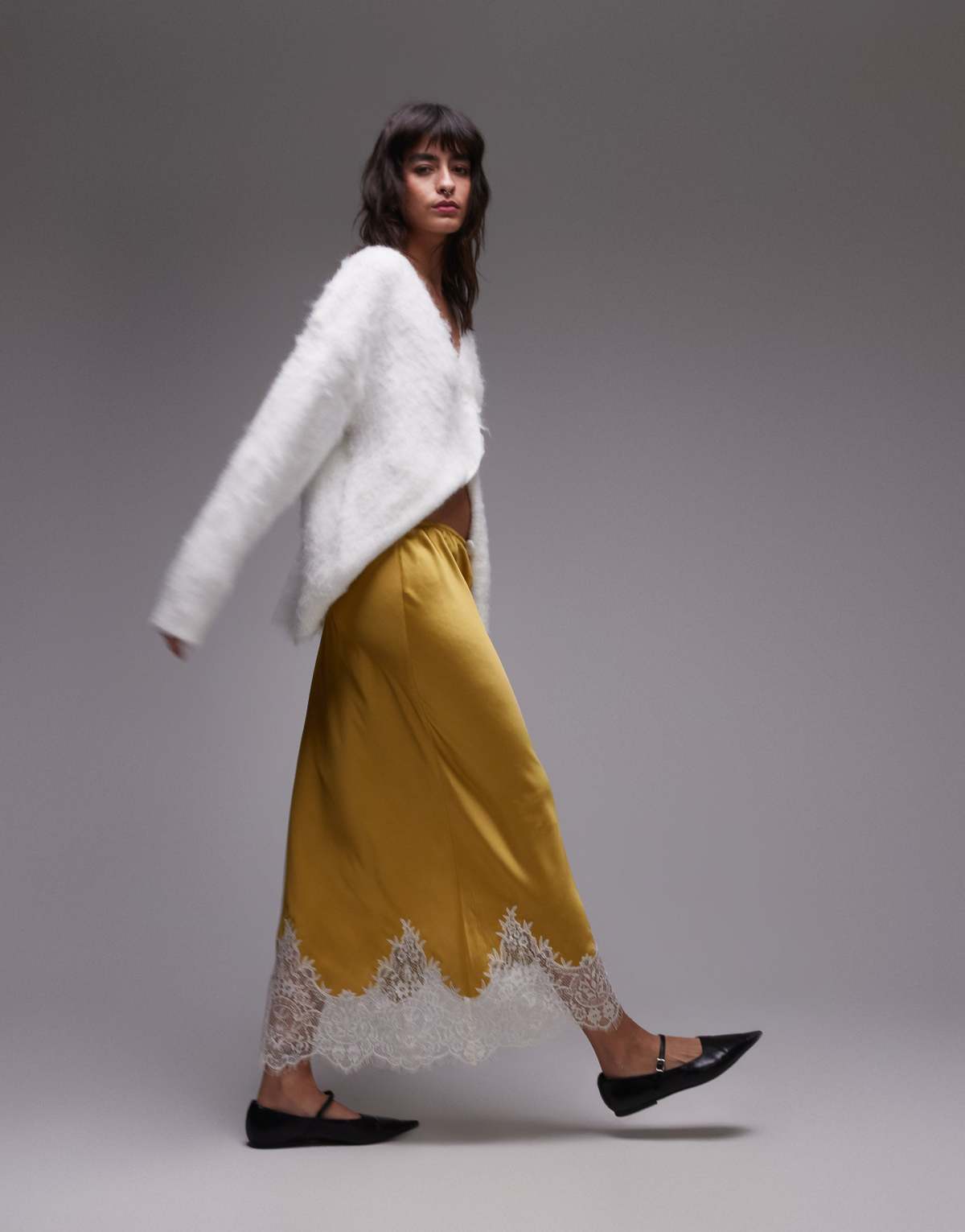 Topshop satin lace maxi in chartreuse with ivory lace
