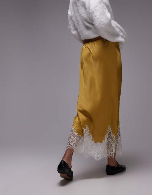 Topshop satin lace maxi skirt in chartreuse with ivory lace, 2 of 5