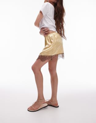 ◆TOOMUCHTAX◆ LACE SATIN MINI SKIRT BROWN Topshop satin lace mini skirt in yellow with brown lace | ASOS