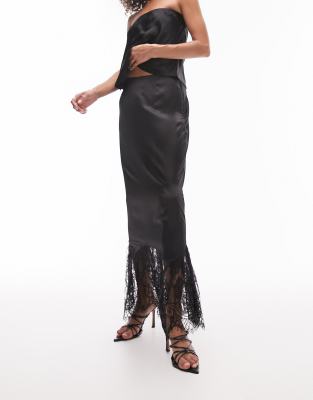 Topshop Satin Lace Mix Fishtail Maxi Skirt In Black