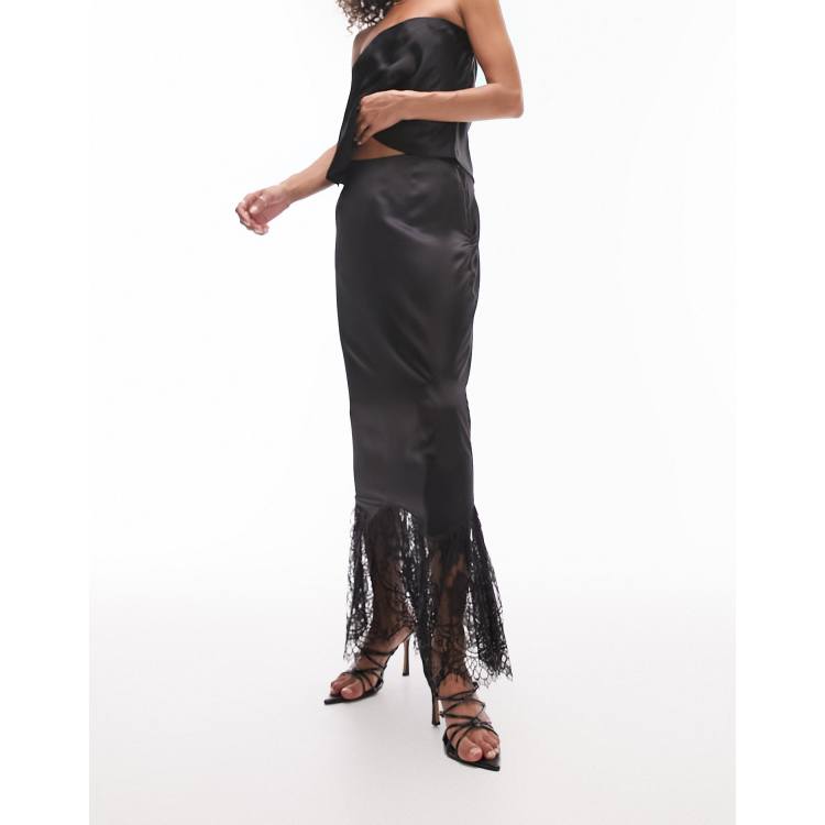 Topshop satin lace mix fishtail maxi skirt in black | ASOS