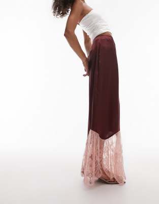 Topshop Satin Lace Mix Fishtail Maxi Skirt In Oxblood And Pink-multi