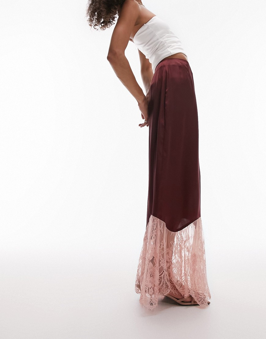 Topshop satin lace mix fishtail maxi skirt in oxblood and pink-Multi