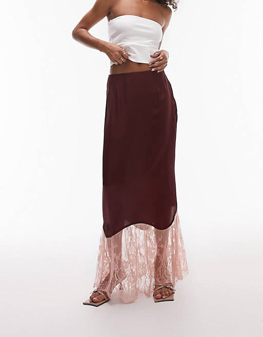 Topshop satin lace mix fishtail maxi skirt in oxblood and pink | ASOS