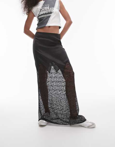 Topshop satin lace mix maxi skirt in black - view 1