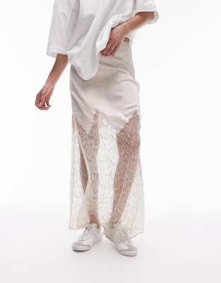 Topshop Topshop satin lace mix maxi skirt in oyster-White