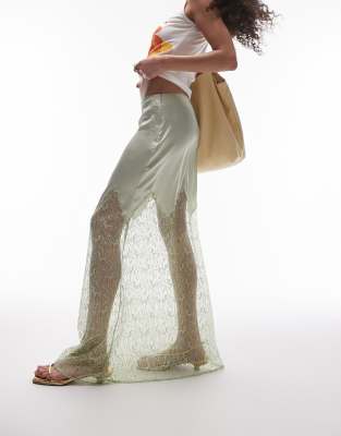 Shop Topshop Satin Lace Mix Maxi Skirt In Green
