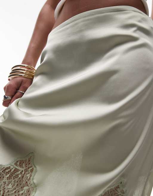 Topshop Satin lace mix maxi skirt in soft sage green
