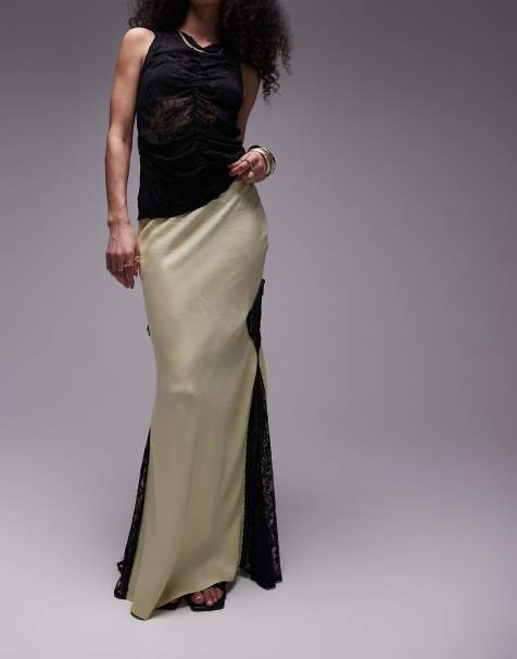Topshop satin lace mix midi skirt in pistachio - part of a set - view 1