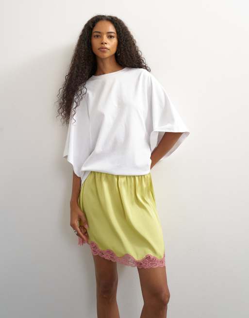 Topshop satin lace petticoat in lime with pink lace, 2 of 5