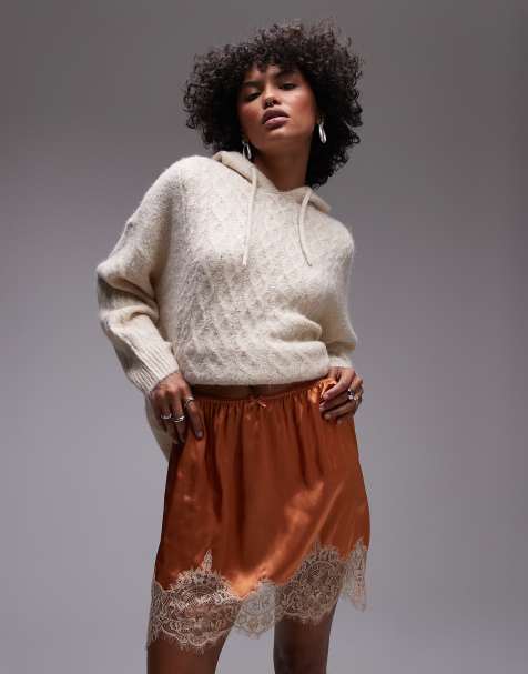 Topshop satin lace petticoat in rust with tea-stained lace - view 1