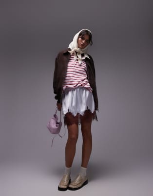 Topshop satin lace petticoat in silver blue with burgundy lace - view 1