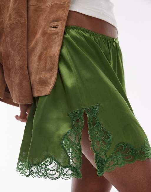 Topshop satin lace petticoat mini skirt in green