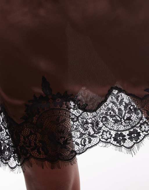 Topshop satin lace petticoat mini skirt in brown satin with