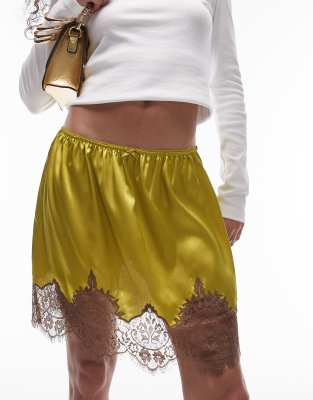 Topshop satin lace petticoat mini skirt in chartreuse with