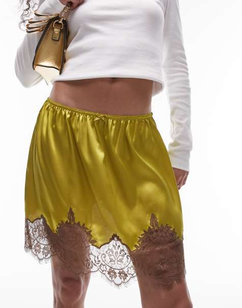 Topshop satin lace petticoat mini skirt in chartreuse with brown lace - view 1