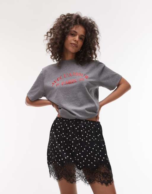 Topshop satin lace petticoat mini skirt in mono polka dot