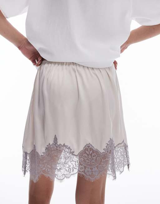 Topshop satin lace petticoat mini skirt in oyster with charcoal