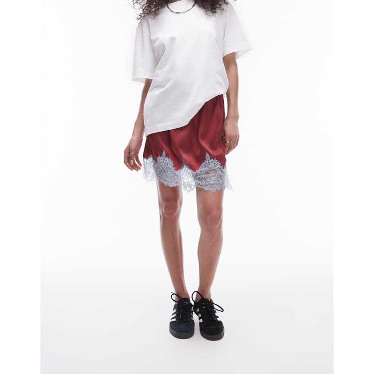 Topshop satin lace petticoat mini skirt in red with pale