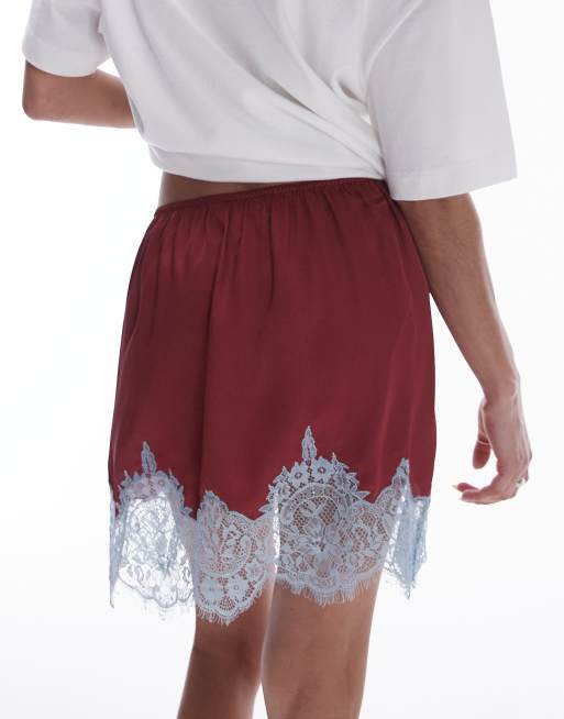 Topshop satin lace petticoat mini skirt in red with pale blue lace