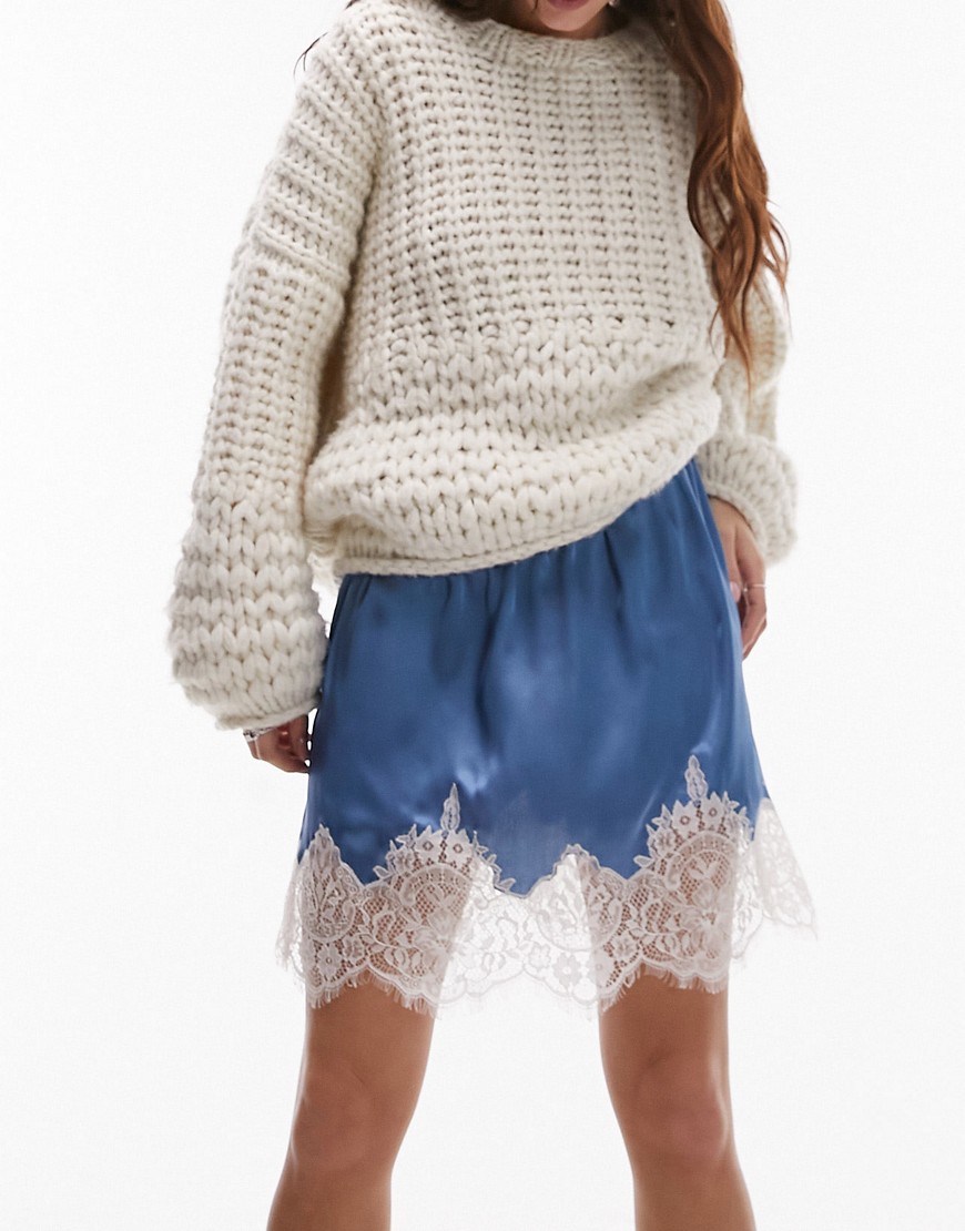 Topshop Satin Lace Petticoat Mini Skirt With Bow Detail In Blue