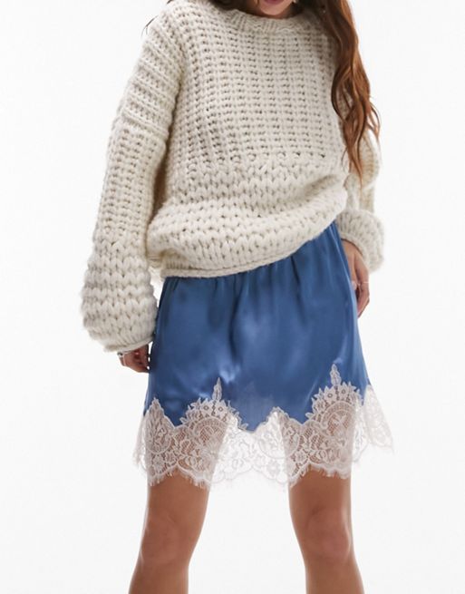 Blue Contrast Lace Trim Satin Mini Skirt