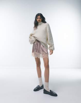 Topshop satin lace petticoat mini skirt with bow detail in taupe ASOS