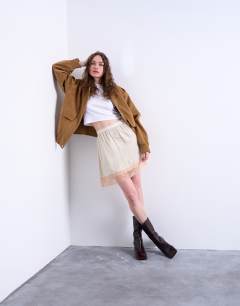 Satin lace petticoat mini skirt with contrast lace in oyster