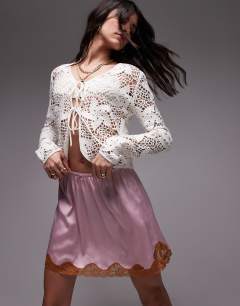 Model wearing Satin lace petticoat skirt with contrast lace in pink