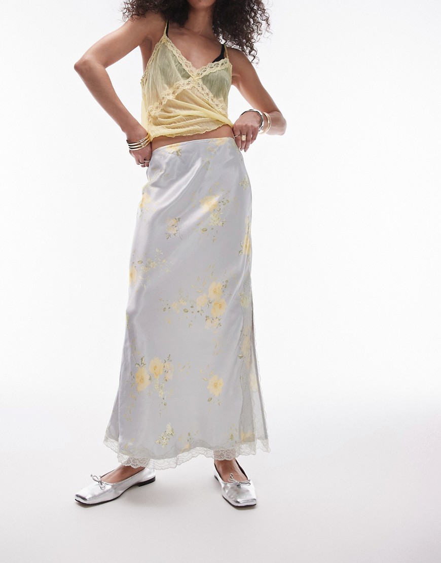 Topshop satin lace trim maxi skirt in grey and yellow rose-Multi