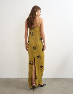 Model wearing Satin lapel bust maxi dress in olive scattered floral