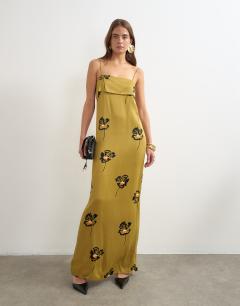 Model wearing Satin lapel bust maxi dress in olive scattered floral