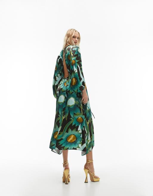Topshop satin long sleeve midi dress in bold green print, 3 of 4