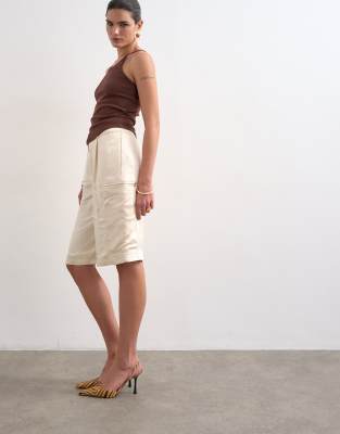 Topshop satin longline cargo shorts in ecru