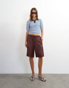 Satin longline shorts in chocolate
