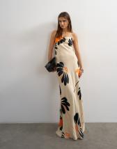 Topshop satin low scoop flood length slip dress in black and orange bold floral
