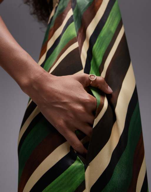 Topshop satin maxi bandeau dress in green stripe print, 4 of 4