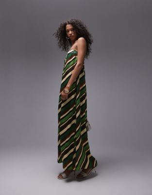 satin maxi bandeau in green stripe print