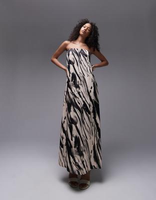 Topshop satin maxi bandeau in mono animal print-Multi