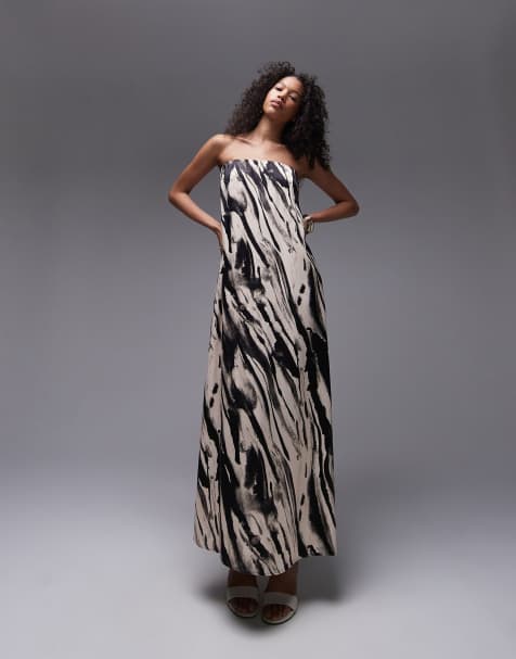 Topshop satin maxi bandeau in mono animal print - view 1
