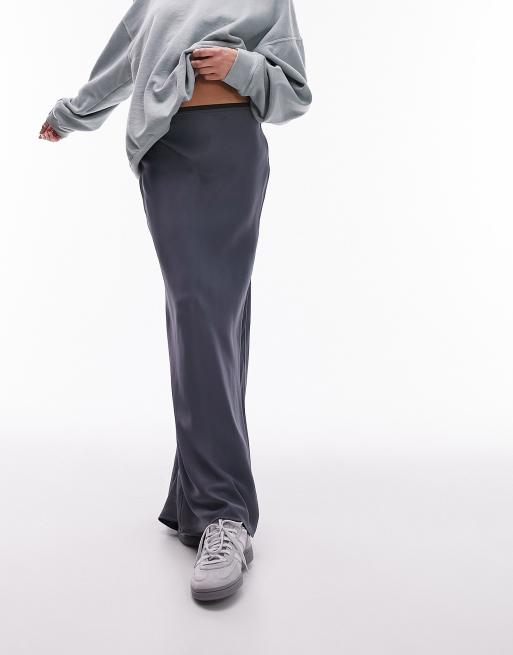 Topshop satin maxi bias skirt with elastic trim in charcoal - part of a set 